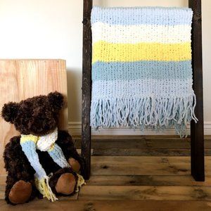 Hand Knit Baby Blanket & Bear w Matching Scarf